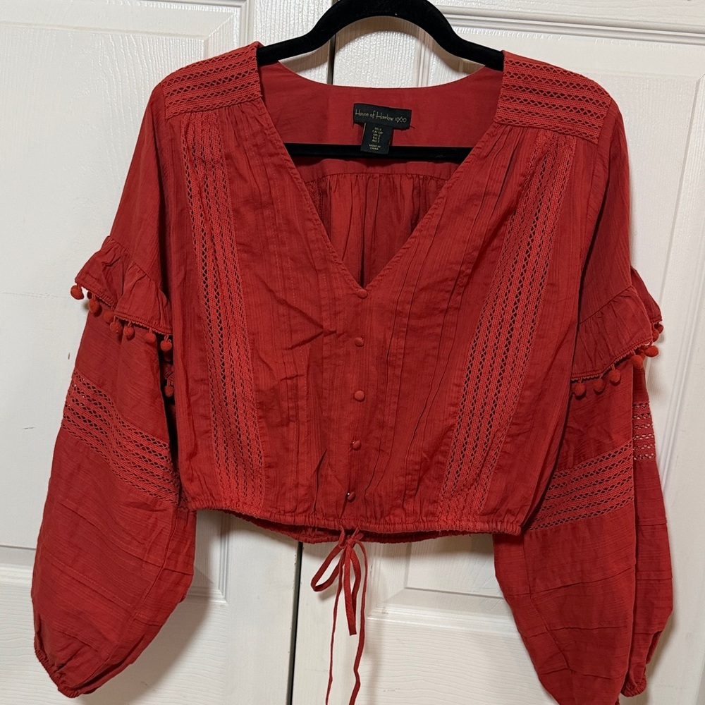 House of Harlow Rust-Red Cropped Peasant Balloon Sleeve Blouse- Small